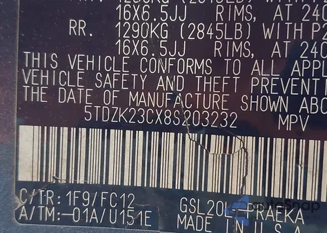 2008 Toyota Sienna Le z USA, uszkodzony, nr VIN 5TDZK23CX8S203232